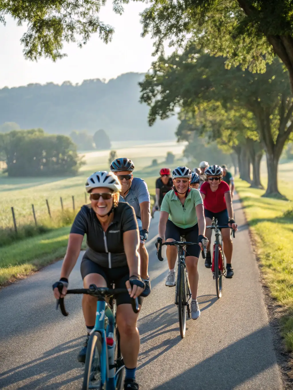 A diverse group of cyclists enjoying a leisurely group ride along a designated bike path, showcasing the social aspect of the activity.