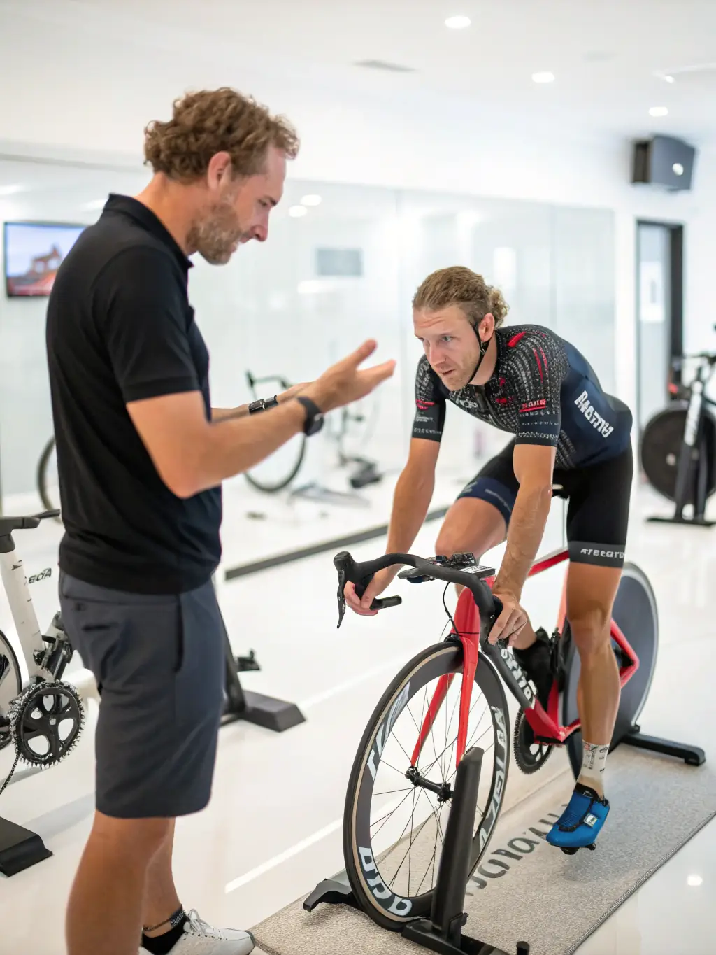 A cyclist receiving personalized coaching and feedback during a training session at a velodrome in Aveyron, highlighting CDCA's commitment to performance improvement and competitive cycling.