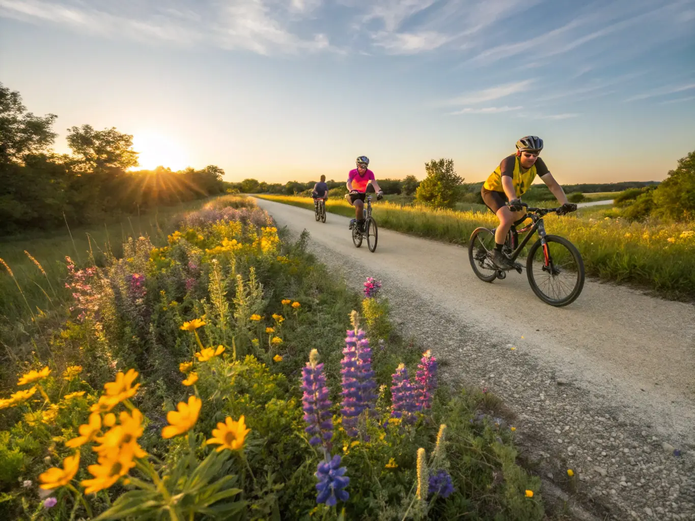 A group of CDCA members laughing and chatting while taking a break during a scenic cycling tour in the Aveyron countryside, showcasing the social aspect of the club.