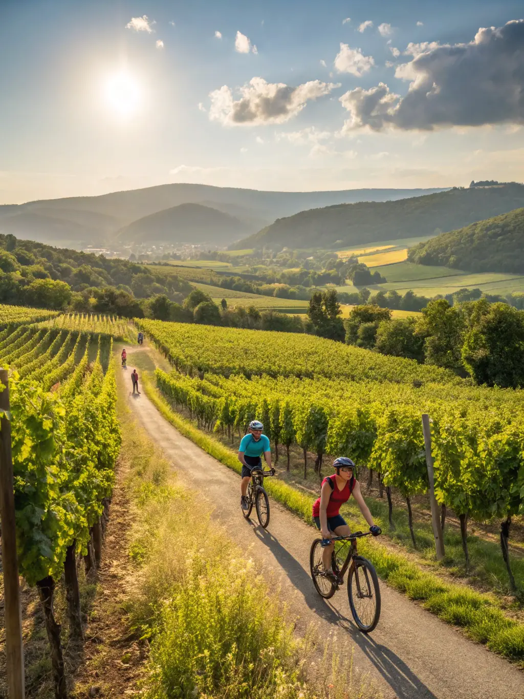 A group of cyclists riding on a paved road through a scenic countryside in Aveyron, France, with rolling hills and vineyards in the background, showcasing a typical CDCA cycling tour.