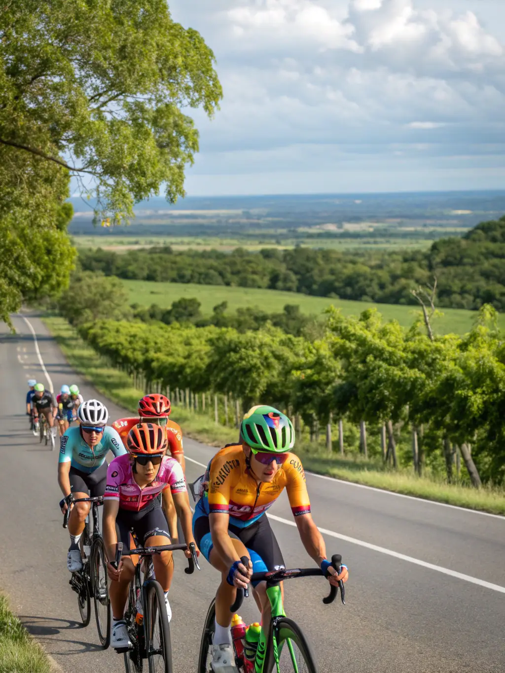 A group of cyclists participating in a guided tour through the rolling hills of Aveyron, France, with a support vehicle visible in the background.