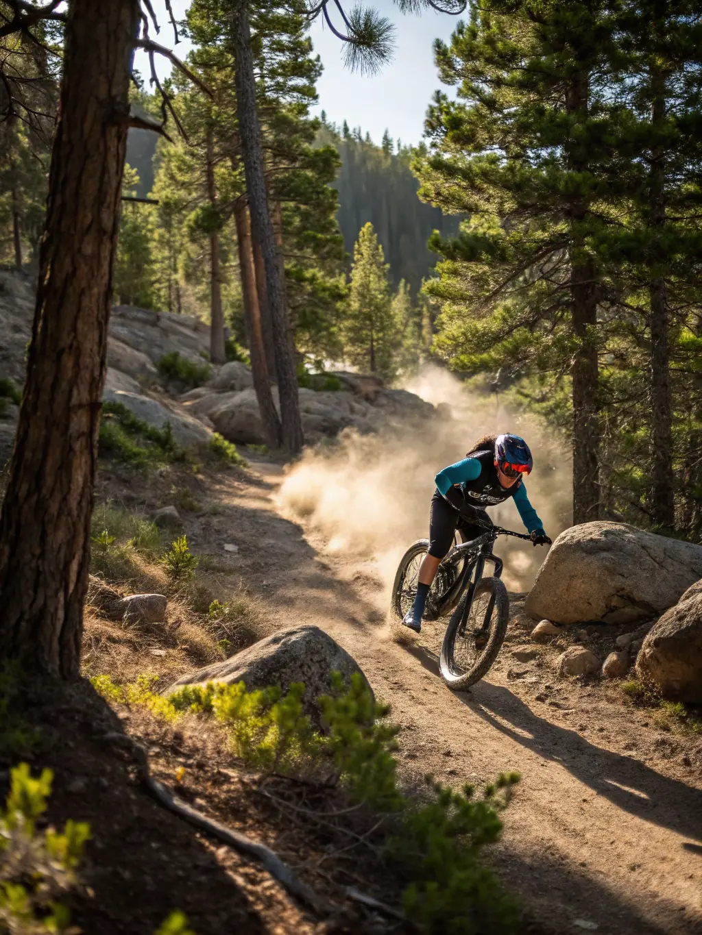 A cyclist participating in a mountain biking training session on a rugged trail in Aveyron, with a focus on technique and safety, highlighting CDCA's mountain biking program.